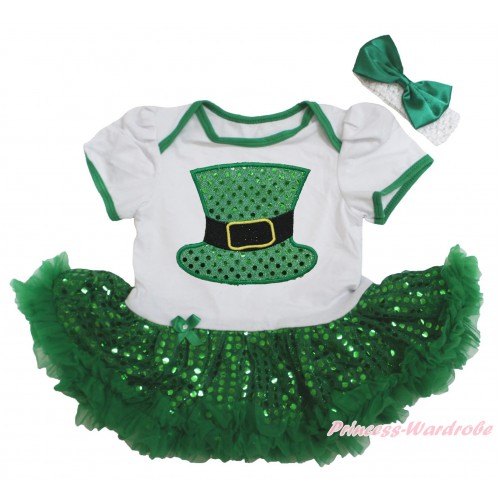 St Patrick's Day White Baby Bodysuit Jumpsuit Bling Kelly Green Sequins Pettiskirt & Sparkle Kelly Green Hat Print JS5621