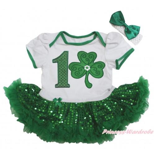 St Patrick's Day White Baby Bodysuit Jumpsuit Bling Kelly Green Sequins Pettiskirt & 1st Sparkle Kelly Green Birthday Number Clover Print JS5622
