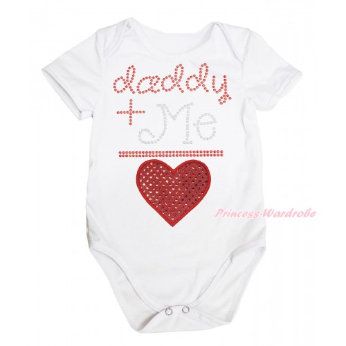 Valentine's Day White Baby Jumpsuit & Sparkle Rhinestone Daddy Plus Me Is Sparkle Red Heart Print TH649