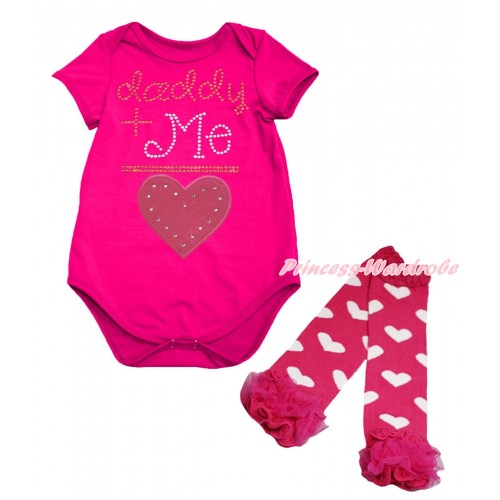 Valentine's Day Hot Pink Baby Jumpsuit & Sparkle Rhinestone Daddy Plus Me Is Hot Pink Heart Print & Warmer Set TH712