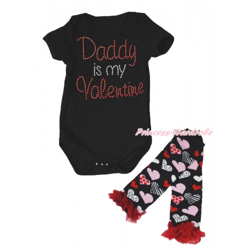 Valentine's Day Black Baby Jumpsuit & Sparkle Crystal Bling Rhinestone Daddy Is My Valentine Print & Warmer Set TH714