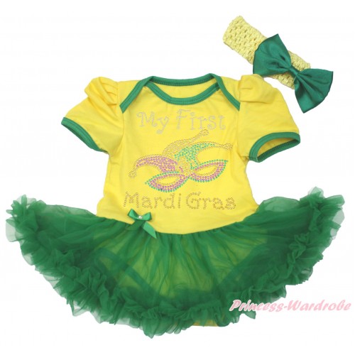 Mardi Gras Yellow Baby Bodysuit Kelly Green Pettiskirt & Sparkle Rhinestone My First Mardi Gras Clown Mask Print JS4962