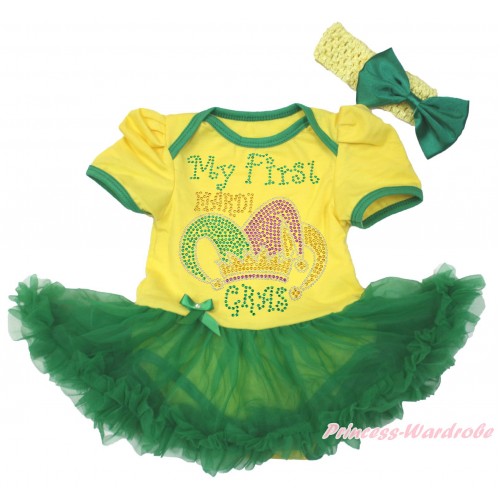 Mardi Gras Yellow Baby Bodysuit Kelly Green Pettiskirt & Sparkle Rhinestone My First Mardi Gras Clown Hat Print JS4963