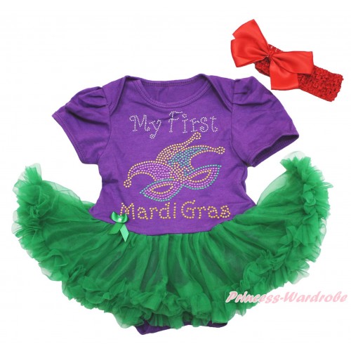 Mardi Gras Dark Purple Baby Bodysuit Kelly Green Pettiskirt & Sparkle Rhinestone My First Mardi Gras Clown Mask Print JS4964