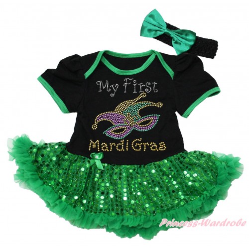 Mardi Gras Black Baby Bodysuit Bling Kelly Green Sequins Pettiskirt & Sparkle Rhinestone My First Mardi Gras Clown Mask Print JS4968