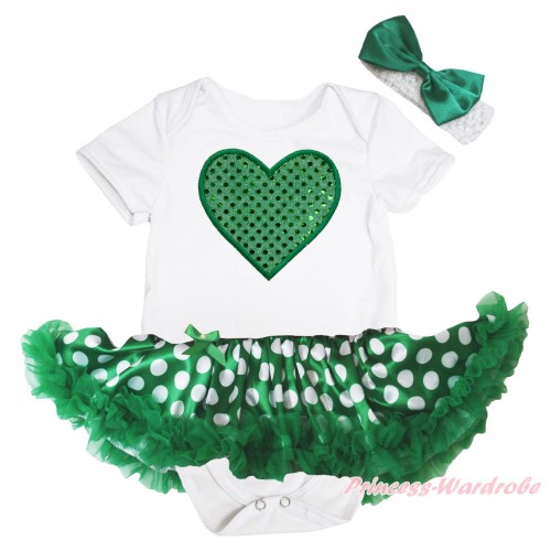Valentine's Day White Baby Bodysuit Green White Dots Pettiskirt & Sparkle Kelly Green Heart Print JS5410