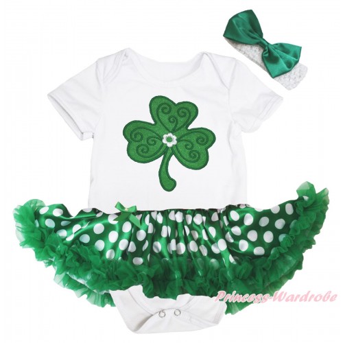 St Patrick's Day White Baby Bodysuit Green White Dots Pettiskirt & Clover Print JS5412
