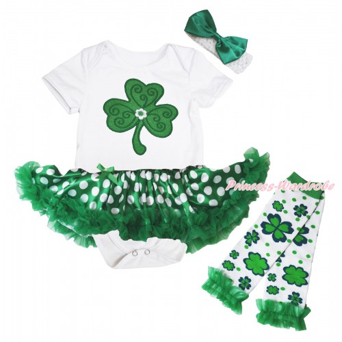 St Patrick's Day White Baby Bodysuit Green White Dots Pettiskirt & Clover Print & Warmers Leggings JS5417