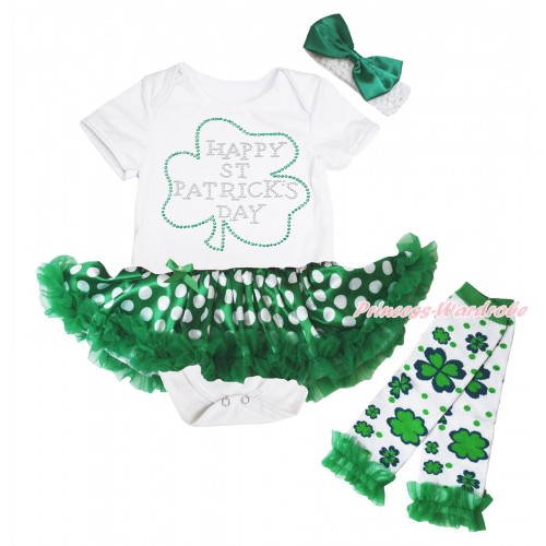 St Patrick's Day White Baby Bodysuit Green White Dots Pettiskirt & Sparkle Crystal Bling Rhinestone Clover Print & Warmers Leggings JS5418
