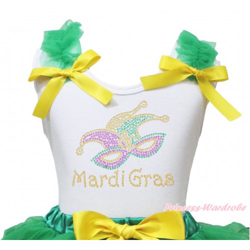 Mardi Gras White Tank Top Kelly Green Ruffles Yellow Bow & Sparkle Rhinestone Mardi Gras Clown Mask Print TB1395