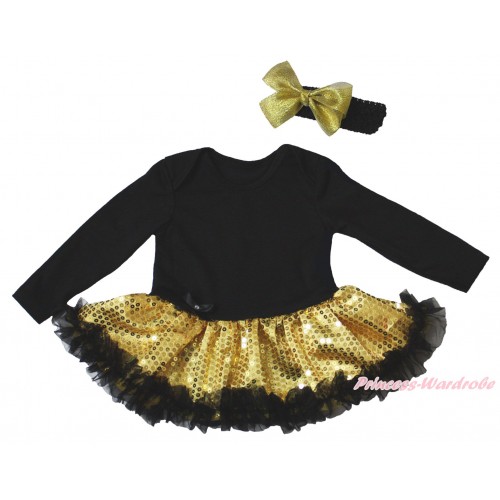 Black Long Sleeve Baby Bodysuit Bling Gold Sequins Black Pettiskirt JS4941