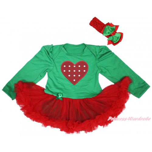 Valentine's Day Kelly Green Long Sleeve Bodysuit Red Pettiskirt & Red White Dots Heart Print JS4951