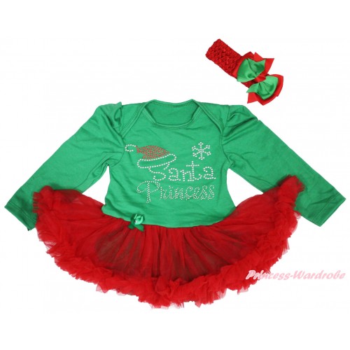 Christmas Kelly Green Long Sleeve Bodysuit Red Pettiskirt & Sparkle Rhinestone Santa Princess Print JS4954