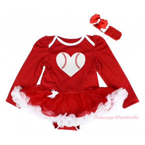Red Long Sleeve Bodysuit Red White Pettiskirt & Baseball Heart Print JS4364