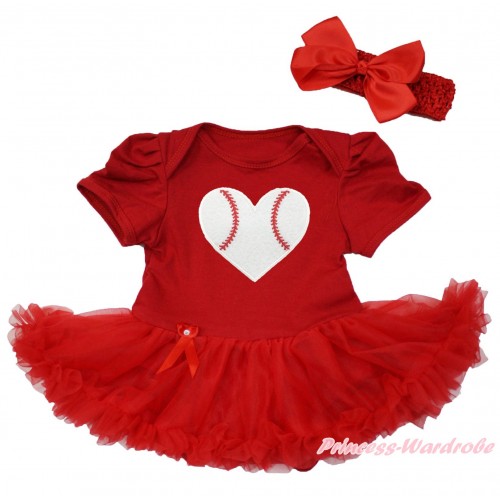 Valentine's Day Red Baby Bodysuit Pettiskirt & Baseball Heart Print JS4369