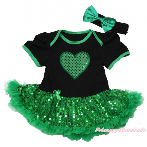 Valentine's Day Black Baby Bodysuit Bling Kelly Green Sequins Pettiskirt & Sparkle Kelly Green Heart Print JS4375