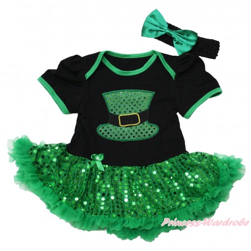 St Patrick's Day Black Baby Bodysuit Bling Kelly Green Sequins Pettiskirt & Sparkle Kelly Green Hat Print JS4376