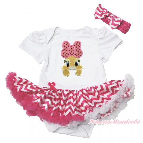 Easter White Baby Bodysuit Hot Pink White Chevron Pettiskirt & Pink Bow Bunny Rabbit Print JS4386
