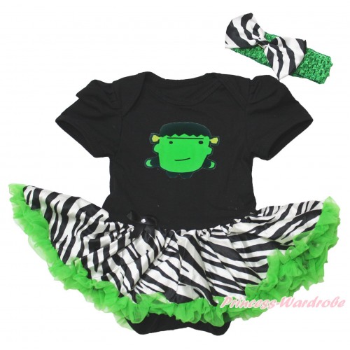 Halloween Black Baby Bodysuit Zebra Dark Green Pettiskirt & Frankenstein Print JS4391