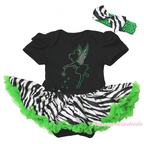 Black Baby Bodysuit Zebra Dark Green Pettiskirt & Tinker Bell Print JS4392
