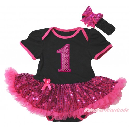 Black Baby Bodysuit Bling Hot Pink Sequins Pettiskirt & 1st Sparkle Hot Pink Birthday Number Print JS4395