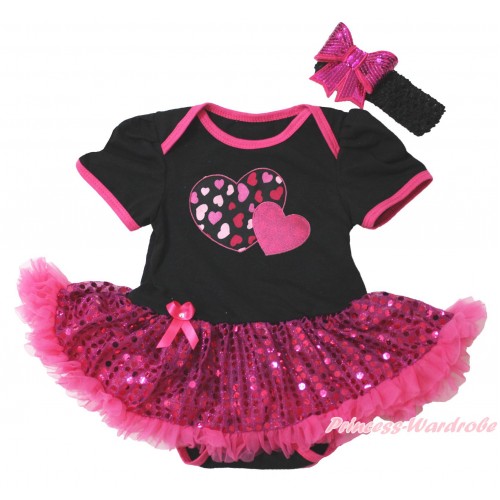 Valentine's Day Black Baby Bodysuit Bling Hot Pink Sequins Pettiskirt & Hot Pink Sweet Twin Heart Print JS4396