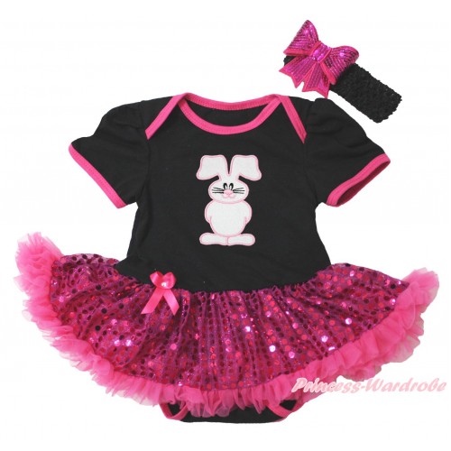 Easter Black Baby Bodysuit Bling Hot Pink Sequins Pettiskirt & Bunny Rabbit Print JS4397