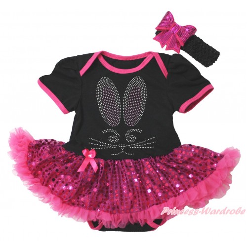 Easter Black Baby Bodysuit Bling Hot Pink Sequins Pettiskirt & Sparkle Rhinestone Bunny Rabbit Print JS4401