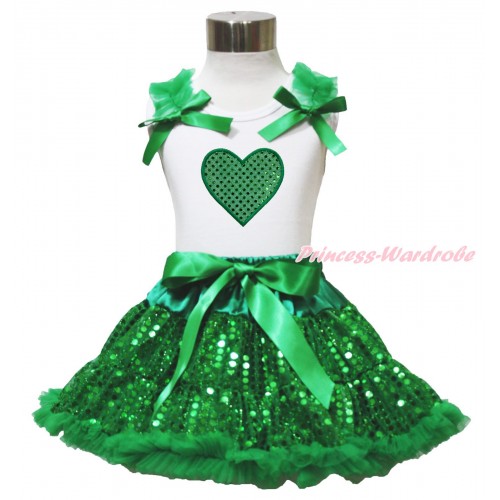 Valentine's Day White Tank Top Kelly Green Ruffles & Bows & Sparkle Kelly Green Heart Print & Bling Kelly Green Sequins Pettiskirt MG1505