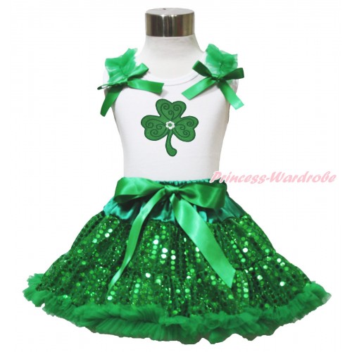 St Patrick's Day White Tank Top Kelly Green Ruffles & Bows & Clover Print & Bling Kelly Green Sequins Pettiskirt MG1507