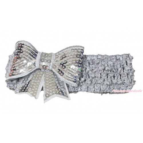 Grey Headband Sparkle Sequins Bow Hair Clip H998