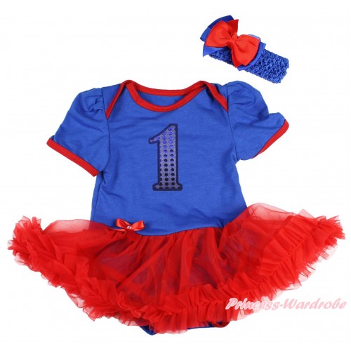 Royal Blue Baby Bodysuit Red Pettiskirt & 1st Sparkle Royal Blue Birthday Number Print JS4409
