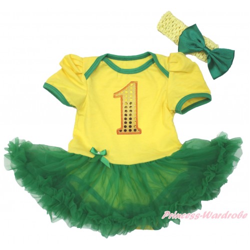 Yellow Baby Bodysuit Kelly Green Pettiskirt & 1st Sparkle Yellow Birthday Number Print JS4413