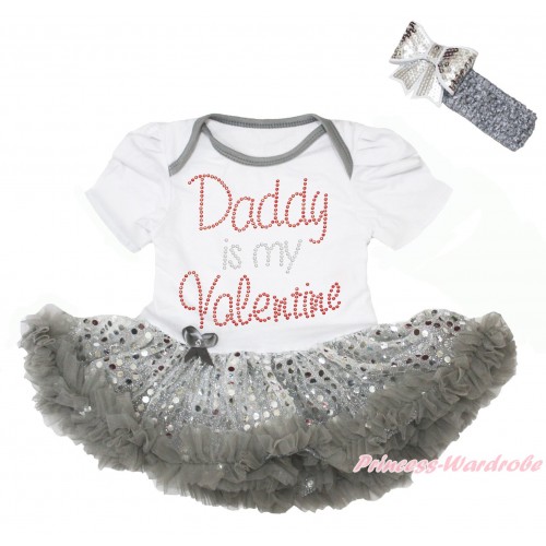 Valentine's Day White Baby Bodysuit Bling Grey Sequins Pettiskirt & Sparkle Rhinestone Daddy is My Valentine Print JS4421