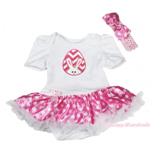 Easter White Baby Bodysuit Hot Pink White Dots Pettiskirt & Pink White Chevron Rabbit Egg Print JS4426