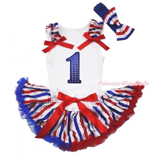 White Baby Pettitop Red White Blue Striped Ruffles Red Bows & 1st Sparkle Royal Blue Birthday Number & Red White Blue Striped Newborn Pettiskirt NN254