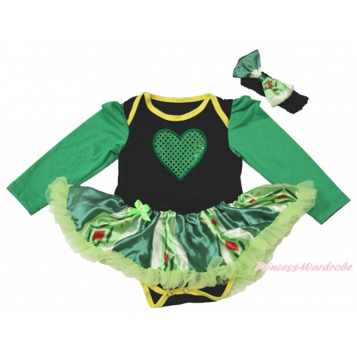 Valentine's Day Black Long Sleeve Bodysuit Anna Green Coronation Pettiskirt & Sparkle Kelly Green Heart Print JS4437