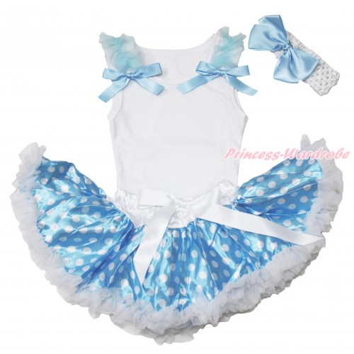 White Baby Pettitop Light Blue Ruffles & Bows & Light Blue White Dots Newborn Pettiskirt NG1663