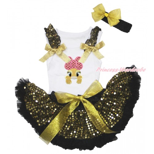Easter White Baby Pettitop Gold Sequins Ruffles Sparkle Gold Bows & Pink Bow Bunny Rabbit Print & Black Gold Bling Sequins Newborn Pettiskirt NN274
