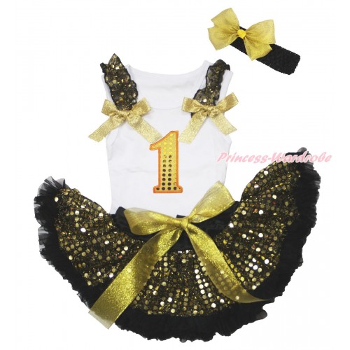 White Baby Pettitop Gold Sequins Ruffles Sparkle Gold Bows & 1st Sparkle Yellow Birthday Number Print & Black Gold Bling Sequins Newborn Pettiskirt NN276