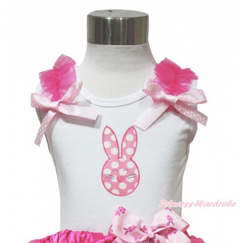 Easter White Tank Top Hot Pink Ruffles Ligth Pink White Dots Bow & Light Pink White Dots Rabbit Print TB1072