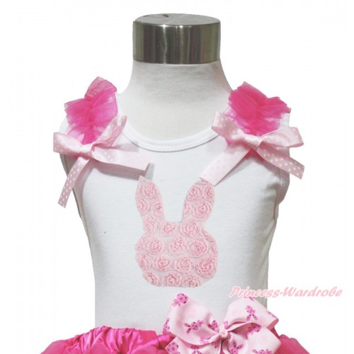 Easter White Tank Top Hot Pink Ruffles Ligth Pink White Dots Bow & Light Pink Rosettes Rabbit Print TB1073