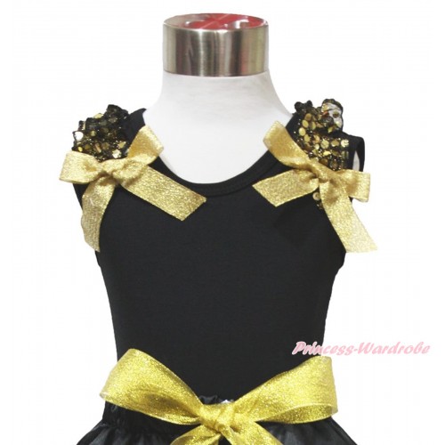 Black Tank Top Gold Sequins Ruffles Sparkle Gold Bow TB1075