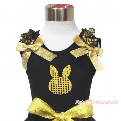 Easter Black Tank Top Gold Sequins Ruffles Sparkle Gold Bow & Gold Sequins Rabbit Print TB1076