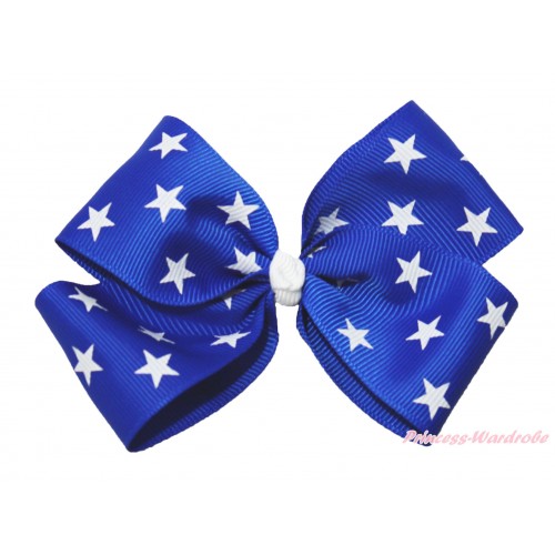 American's Birthday Royal Blue White Patriotic American Star Ribbon Bow Hair Clip H990