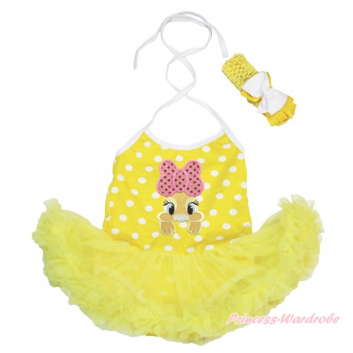 Easter Yellow White Dots Baby Halter Jumpsuit Yellow Pettiskirt & Pink Bow Bunny Rabbit Print JS4338