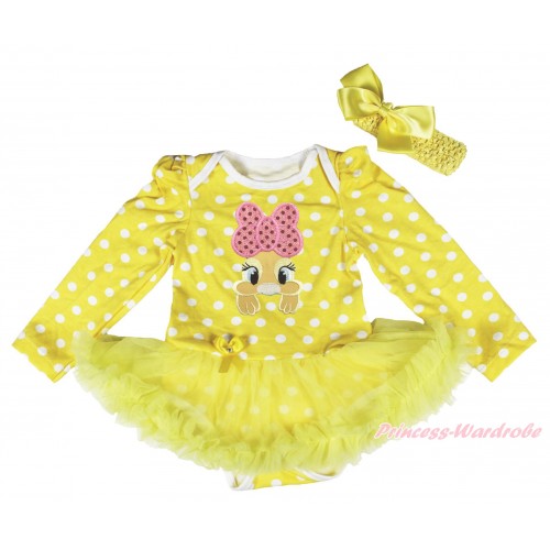 Easter Yellow White Dots Long Sleeve Bodysuit Yellow Pettiskirt & Pink Bow Bunny Rabbit Print JS4340