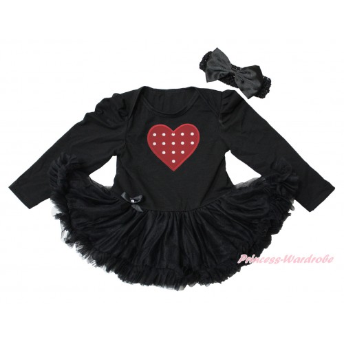 Valentine's Day Black Long Sleeve Bodysuit Pettiskirt & Red White Dots Heart Print JS4349