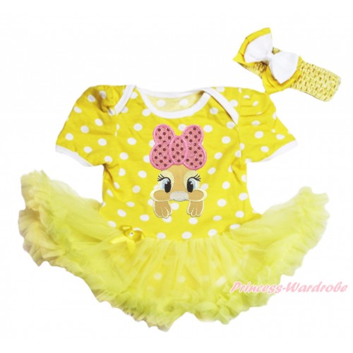 Easter Yellow White Dots Baby Bodysuit Yellow Pettiskirt & Pink Bow Bunny Rabbit Print JS4351