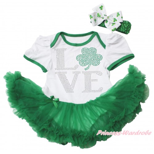 St Patrick's Day White Baby Bodysuit Kelly Green Pettiskirt & Sparkle Rhinestone Love Clover Print JS4354
